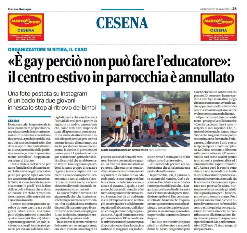 Italie : Le responsable d'un centre de loisirs catholique empêché de travailler avec des enfants à cause de son homosexualité