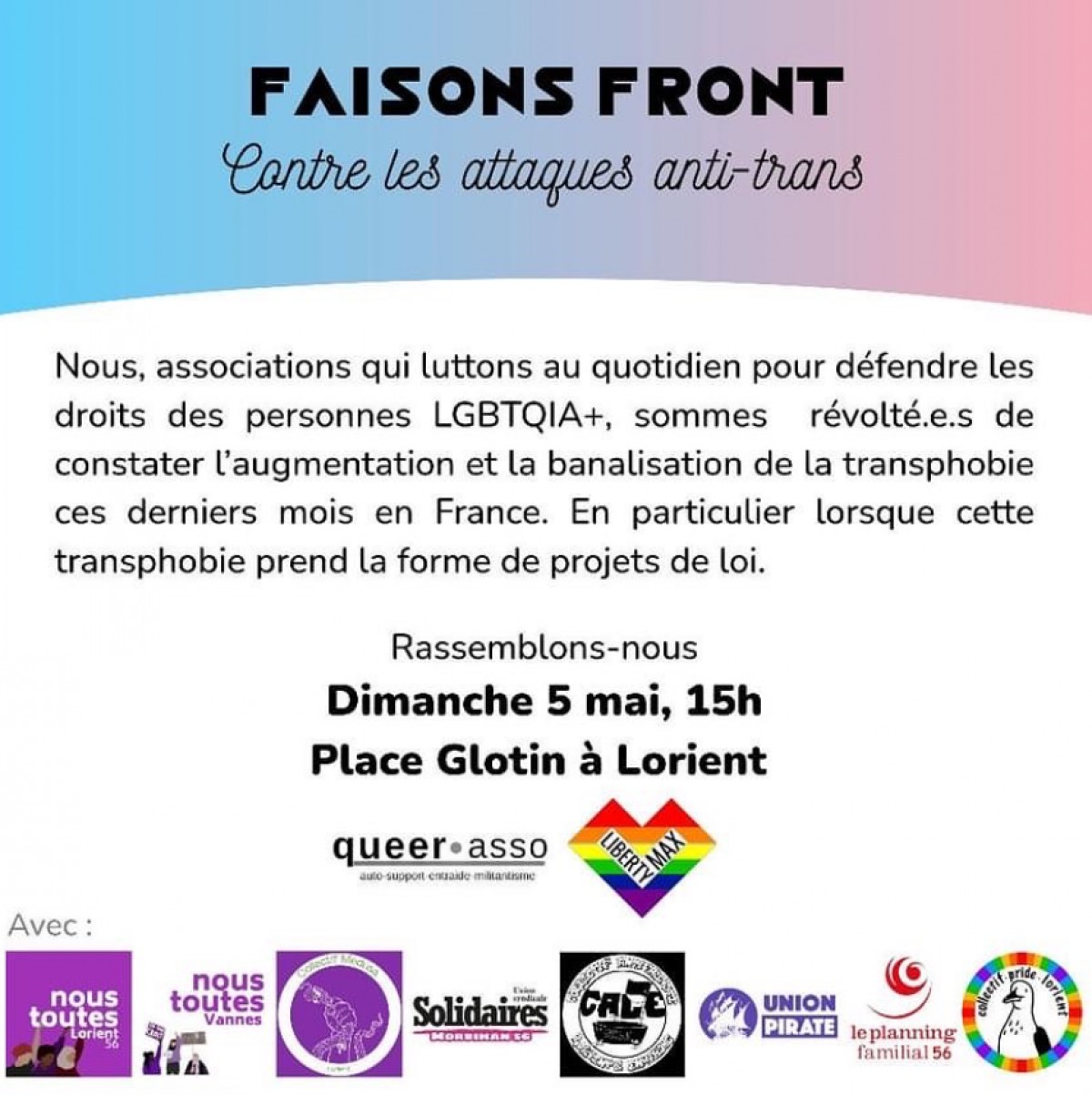 Lorient : Marche contre les attaques anti-trans ce dimanche 5 mai 2024